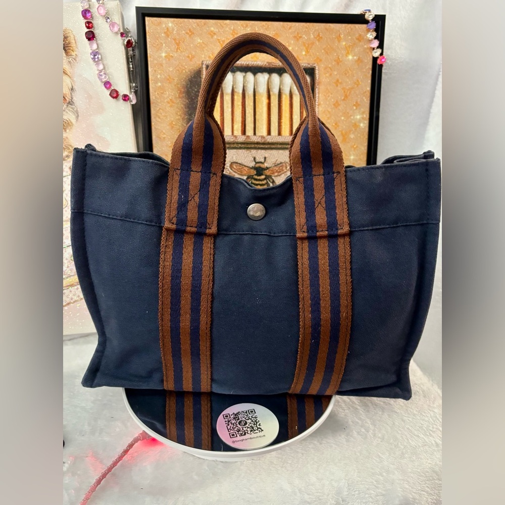 HERMÈS Fourre Tout Tote PM Brown/Navy Canvas